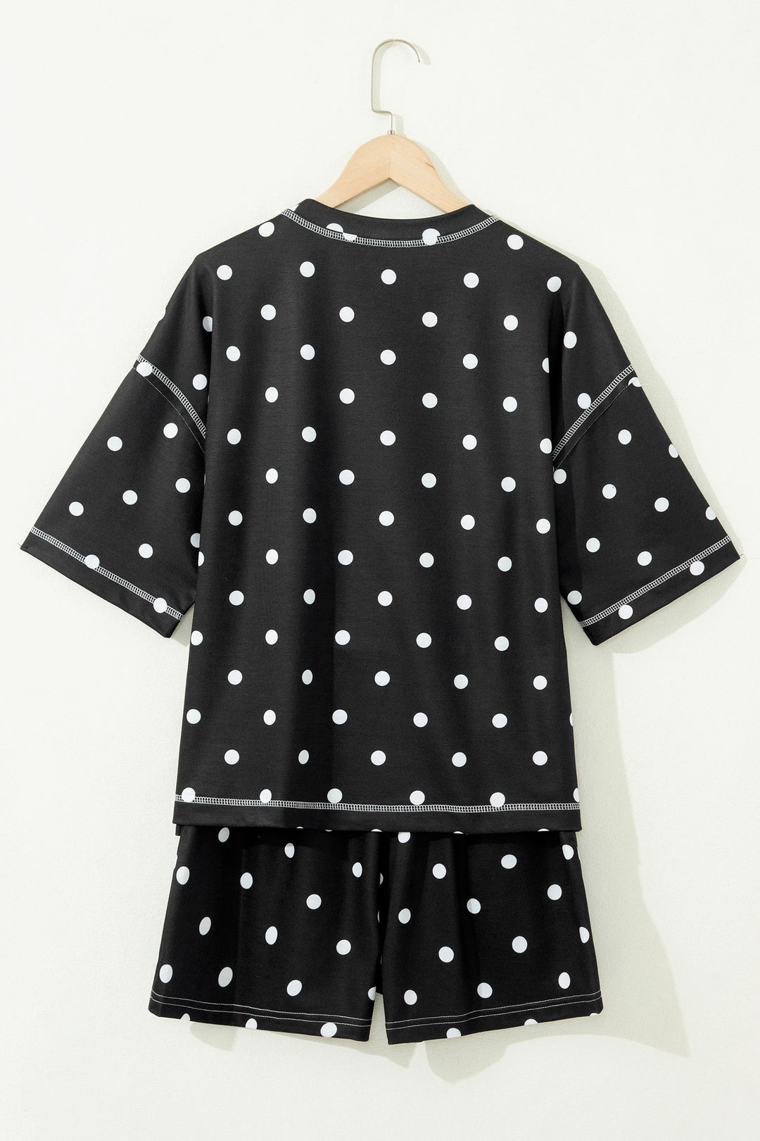Black Polka Dot Short Sleeve Loose Top Drawstring Shorts Set
