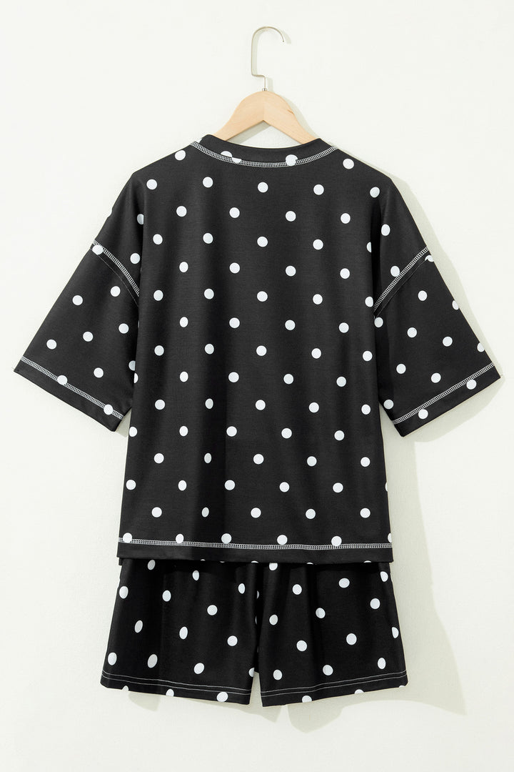 Black Polka Dot Short Sleeve Loose Top Drawstring Shorts Set