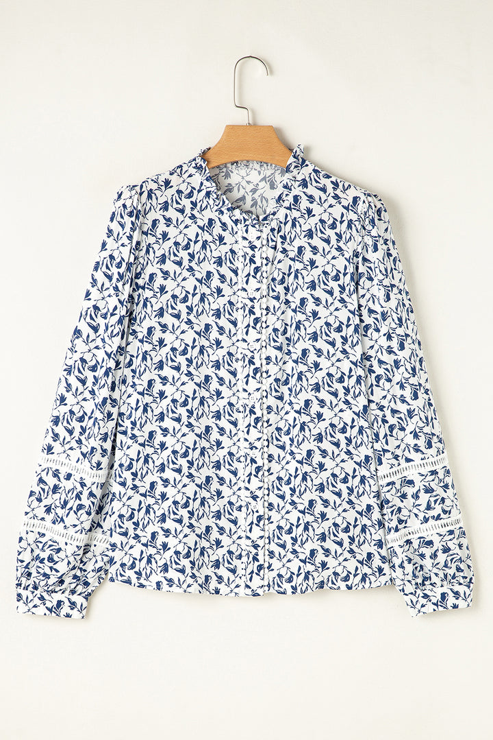 Blue Printed Lace Detail Floral Puff Sleeve Fall Shirt