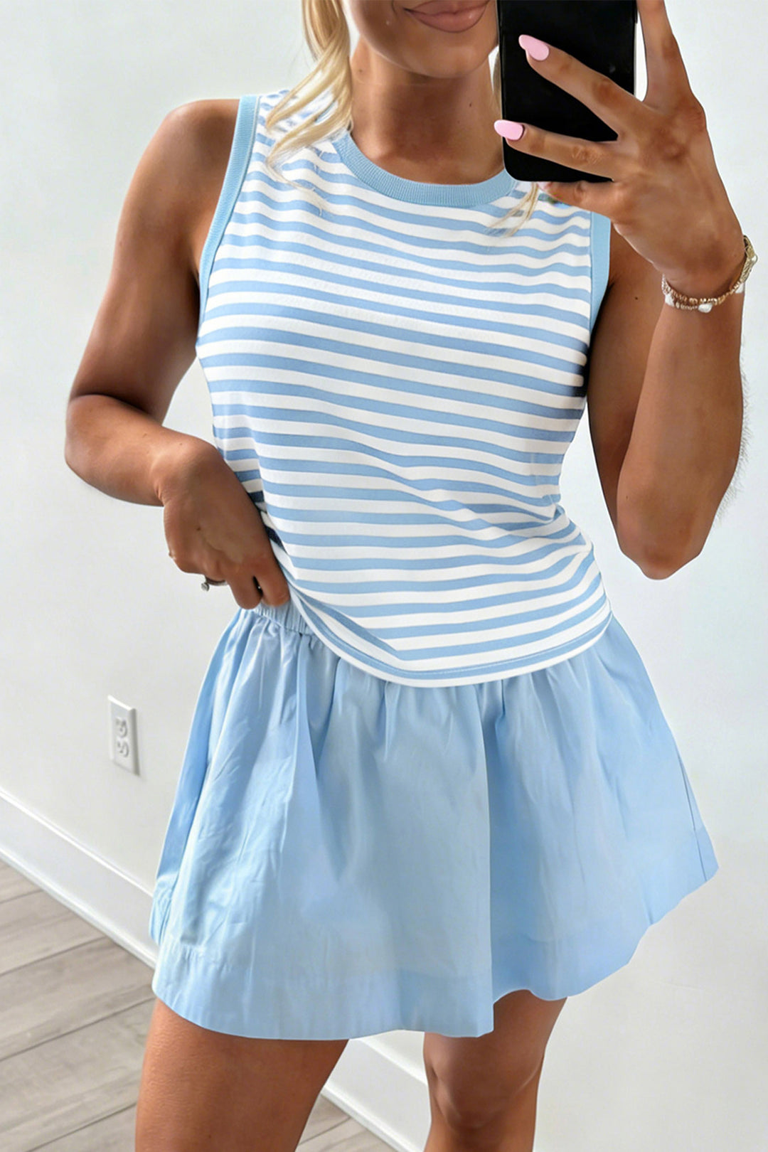 Sky Blue Stripe Slim Tank Contrast Ruffle Mini Skort Set