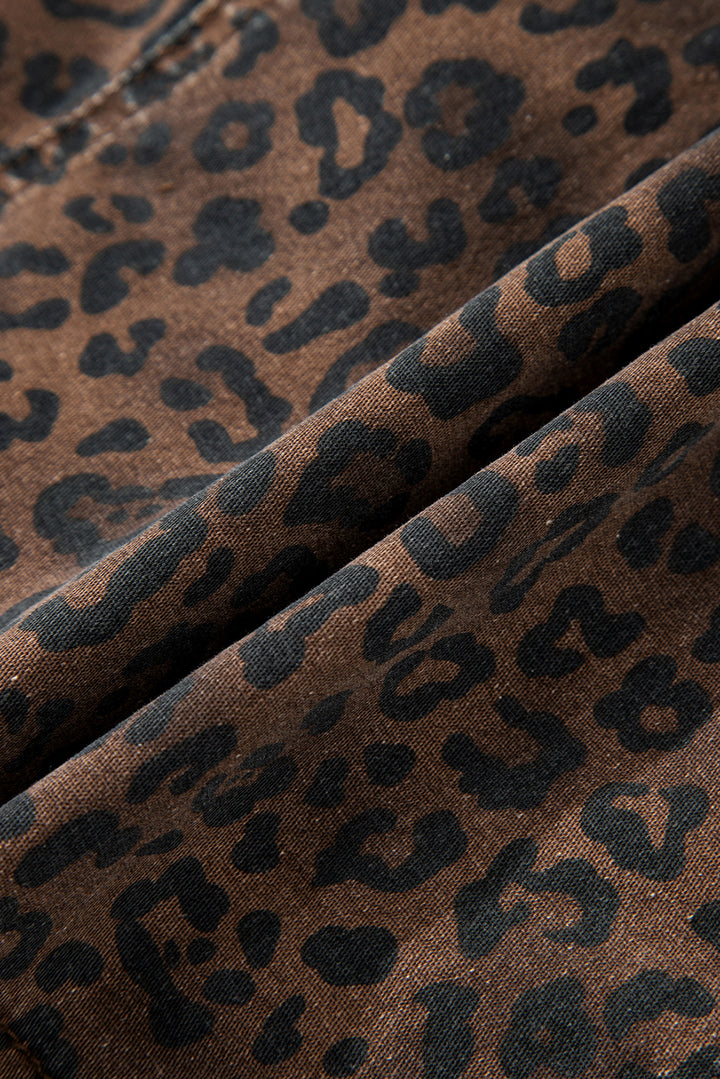 Brown Leopard Print Elastic Waistband Drawstring Denim Skort