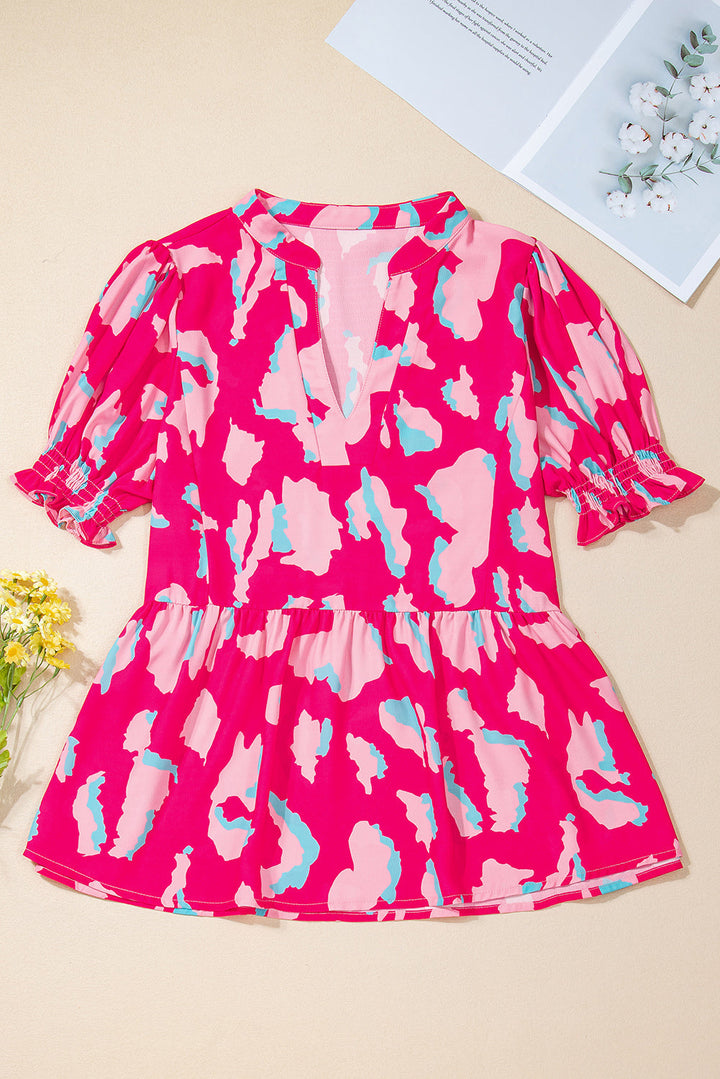 Abstract Print Smocked Puff Sleeve V Neck Blouse