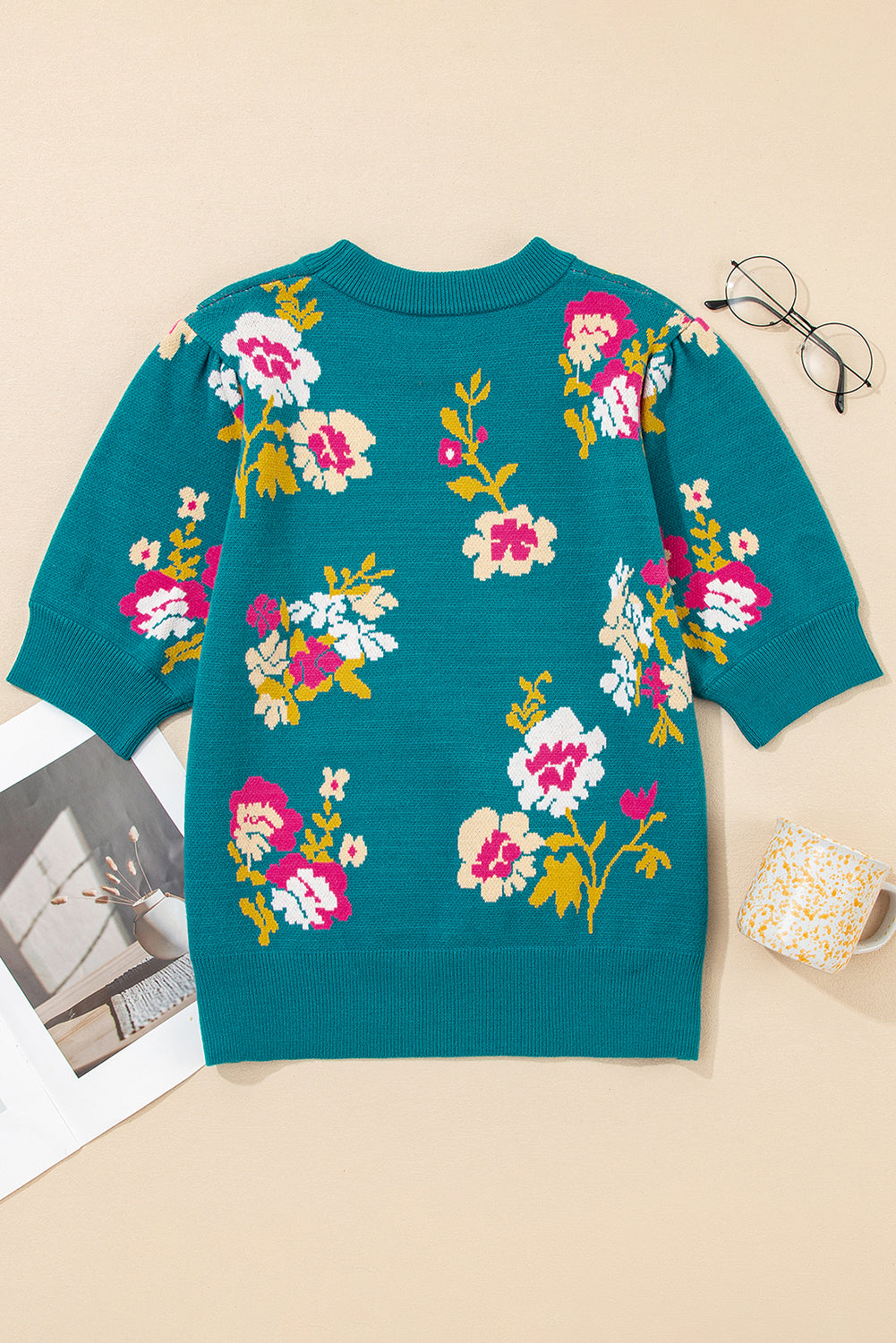 Flower Pattern Mock Neck Short Sleeve Knitted T Shirt