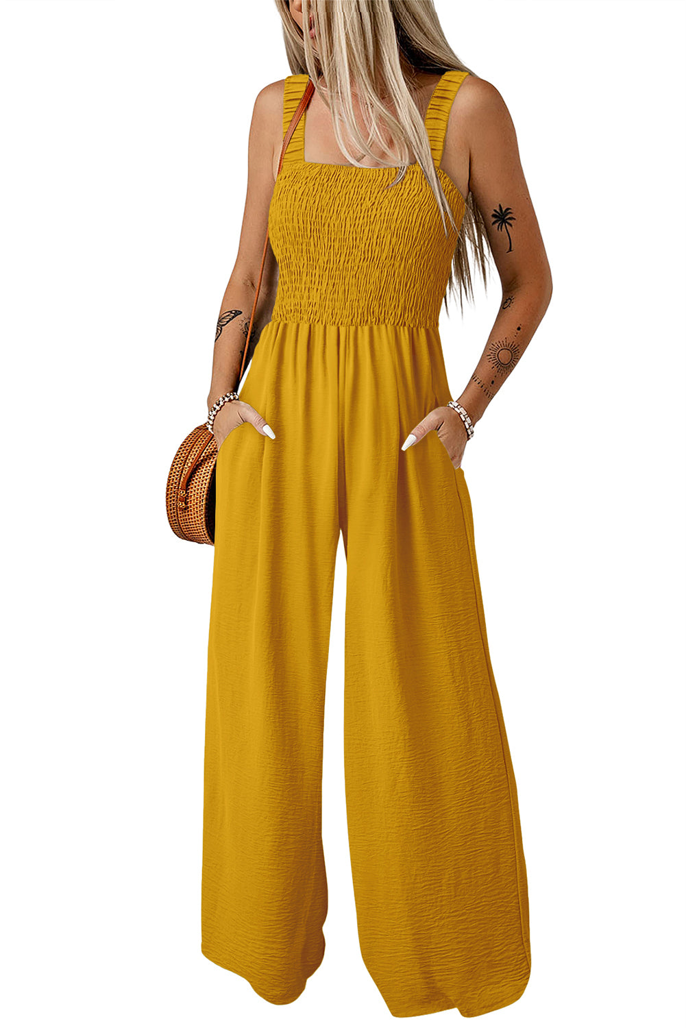 Ginger Smocked Sleeveless Wide Leg Jumpsuit with Pockets