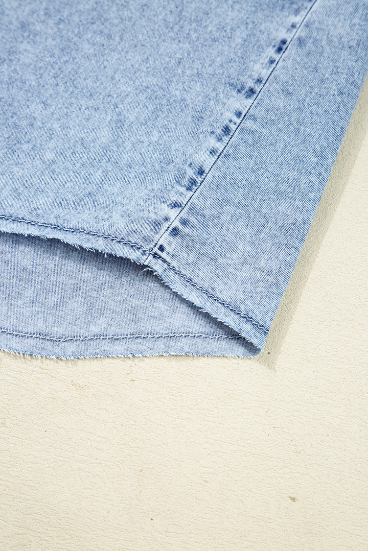 Chest Pocket Raw Hem Denim Loose Shirt Dress