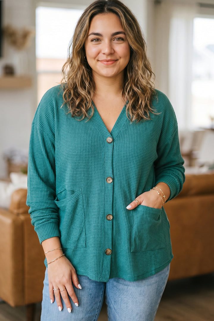 Lapis Waffle Textured Button Front Tunic Plus Size Cardigan