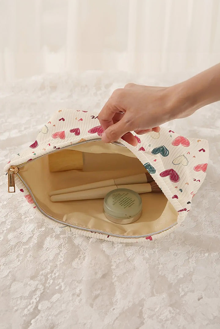 Love Heart Print Ribbed Canvas Makeup Bag