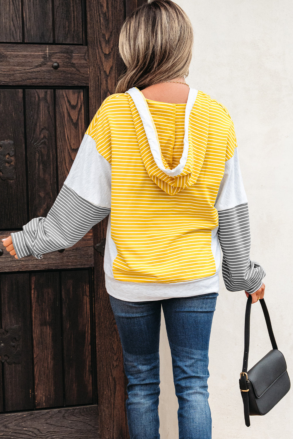 Color Block Drawstring V Neck Loose Fit Hooded Top