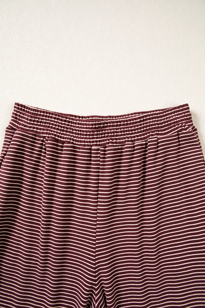 Brown Stripe Contrast Trim Round Neck Oversize Long Sleeve Top 2pcs Pant Set