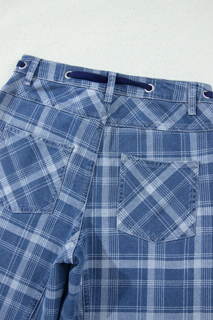 Sky Blue Plaid Denim Grommet Drawstring Waist Ankle-Length Jeans