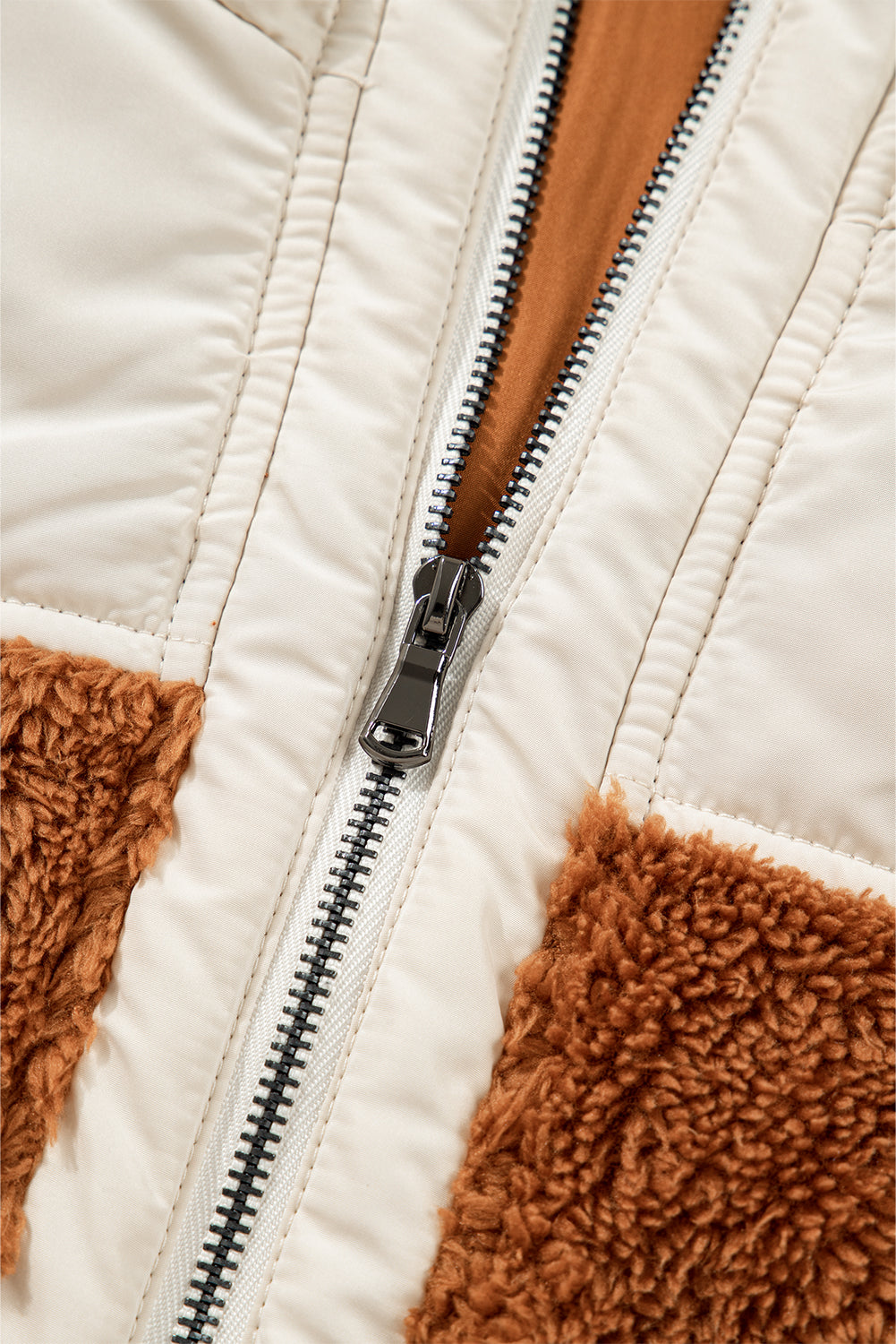 Chestnut Color Block Plush Patchwork Zipper Stand Neck Vest
