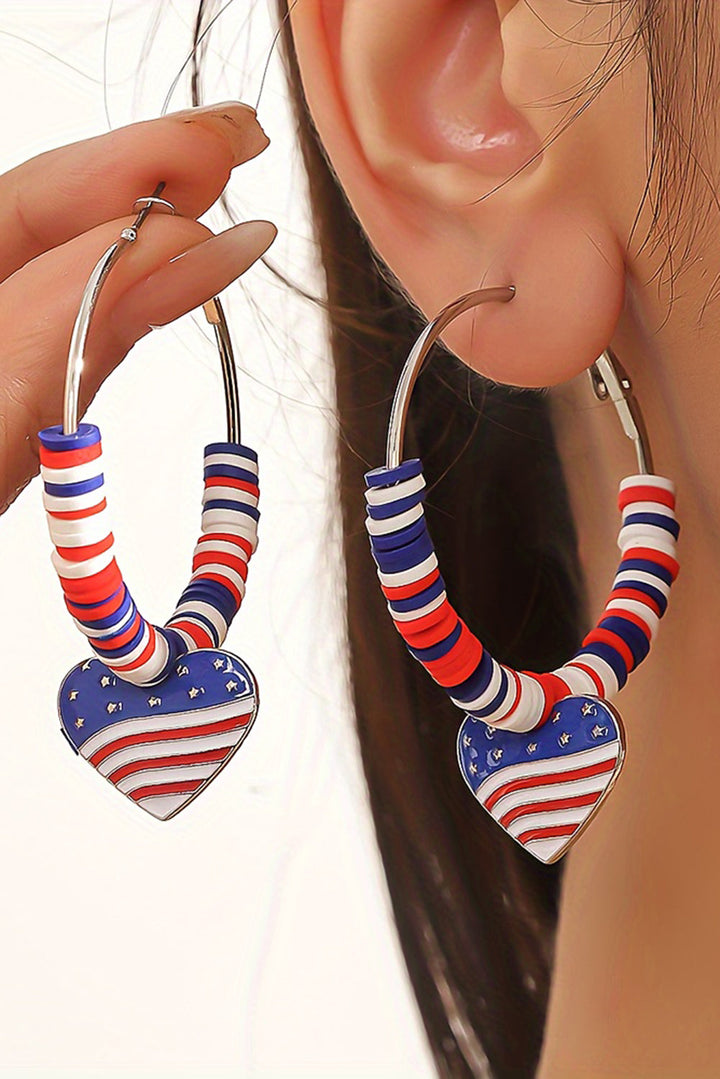Boucles d'oreilles créoles à perles avec pendentif en forme de cœur et drapeau américain
