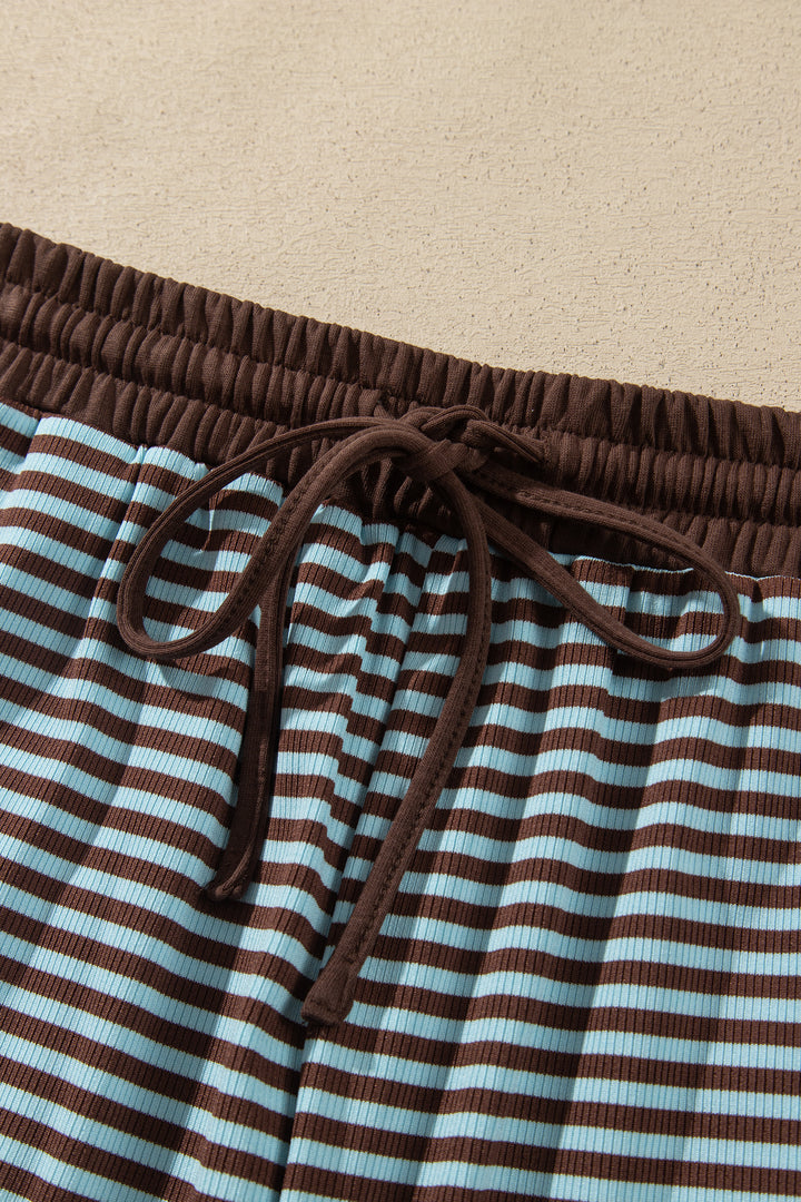 Brown Stripe Drop Shoulder Loose Top and Pants Two Piece Set