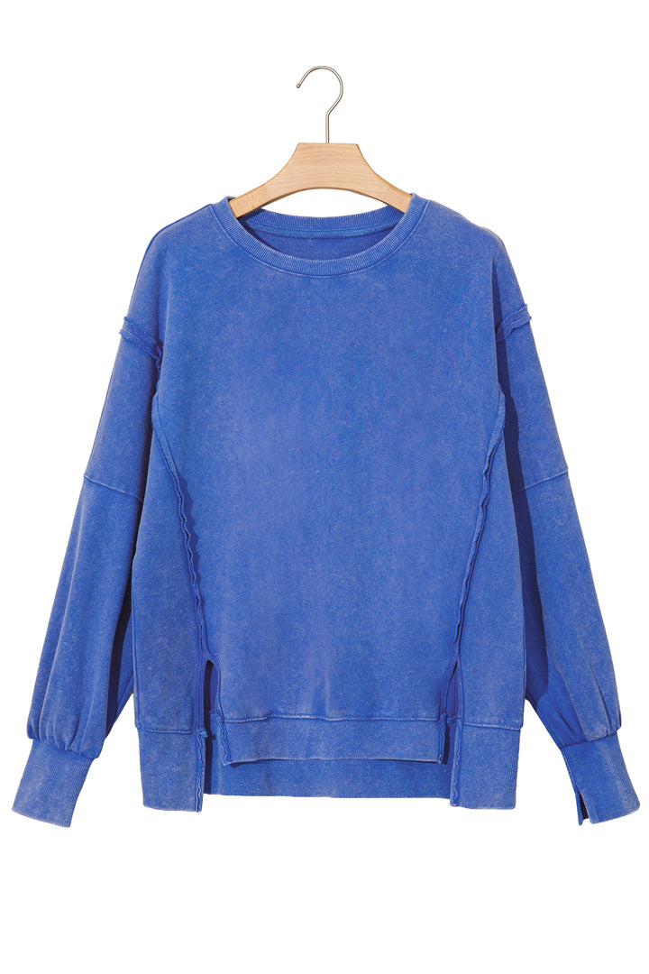Sky Blue Mineral Wash Split Hem Loose Tunic Sweatshirt