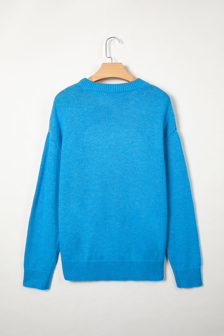 Sky Blue Western Embroidery Drop Shoulder Pullover Sweater