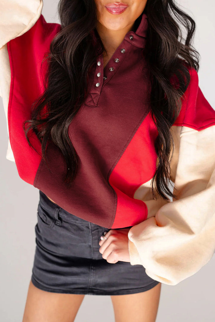 Fiery Red Color Block Patchwork Snap Button Polo Sweatshirt