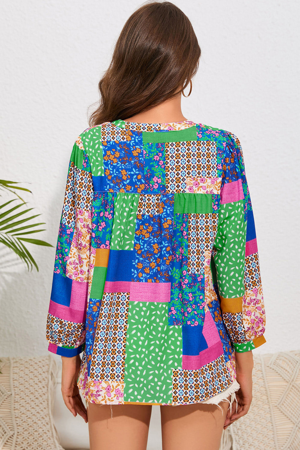 Multicolor Floral Patchwork Print Buttoned Puff Sleeve Shirt