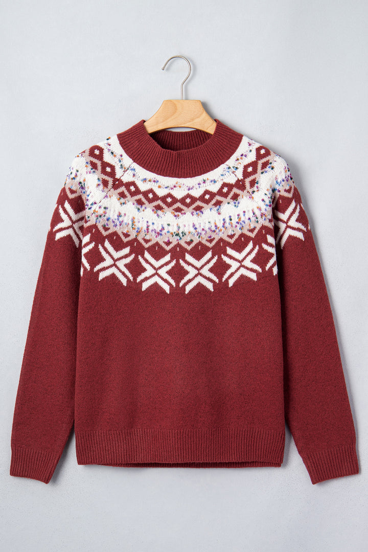 Red Dahlia Christmas Theme Geometric Pattern Knit Round Neck Shift Sweater