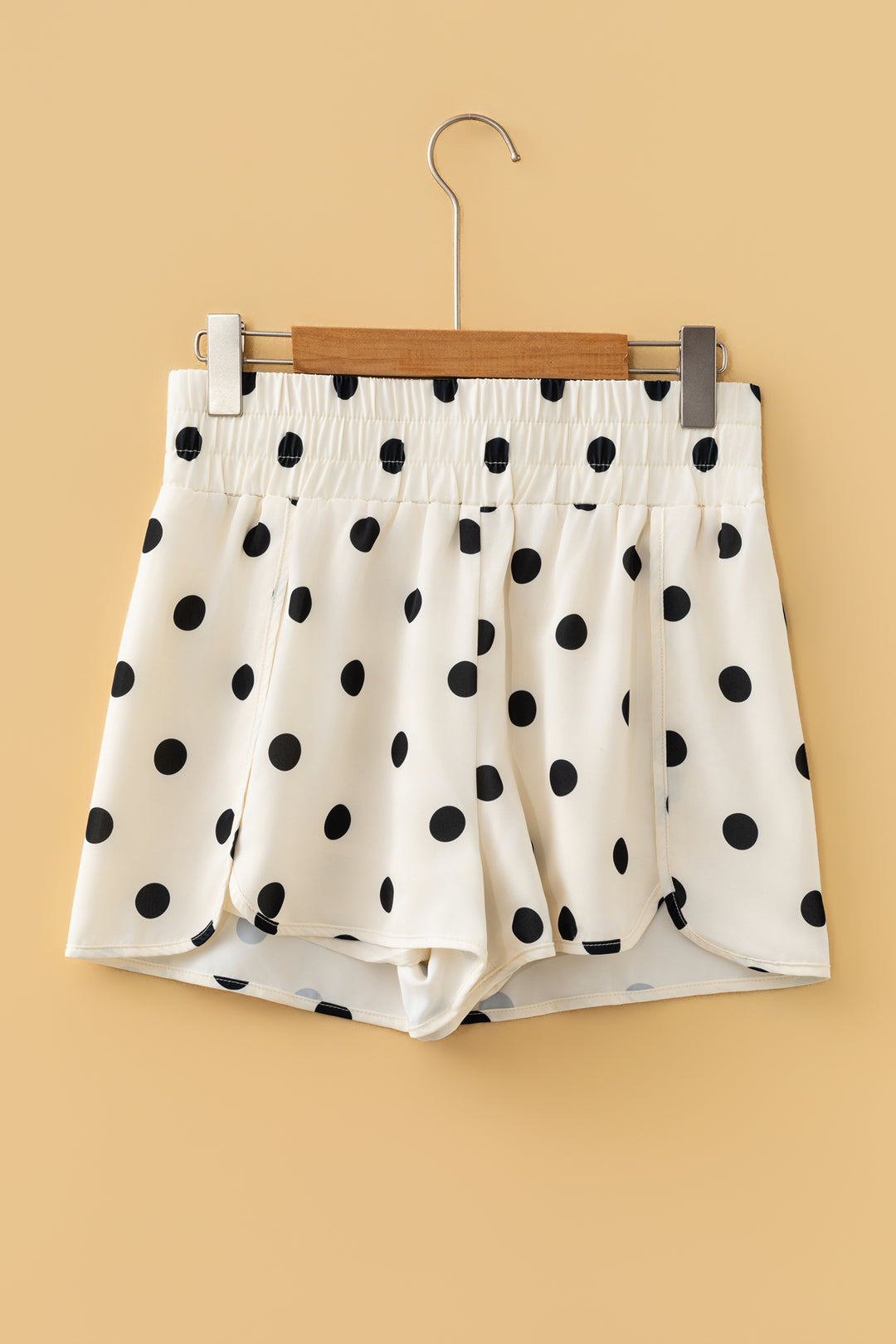 Apricot Polka Dot Print Shirred High Waist Casual Shorts