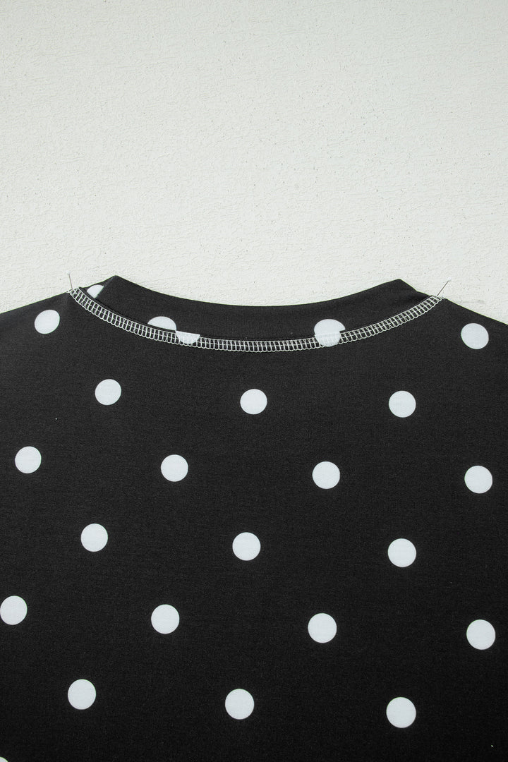 Black Polka Dot Short Sleeve Loose Top Drawstring Shorts Set