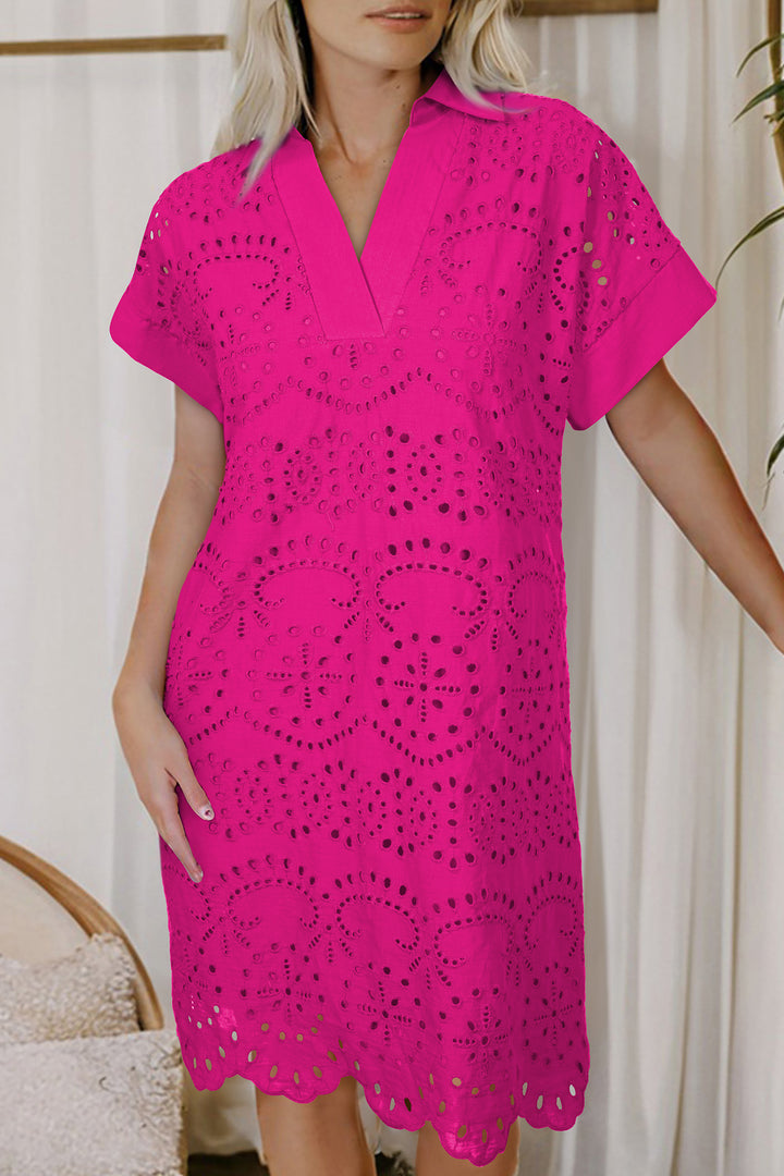 Chic Rose Red Solid Color Eyelet Embroidered Mini Dress