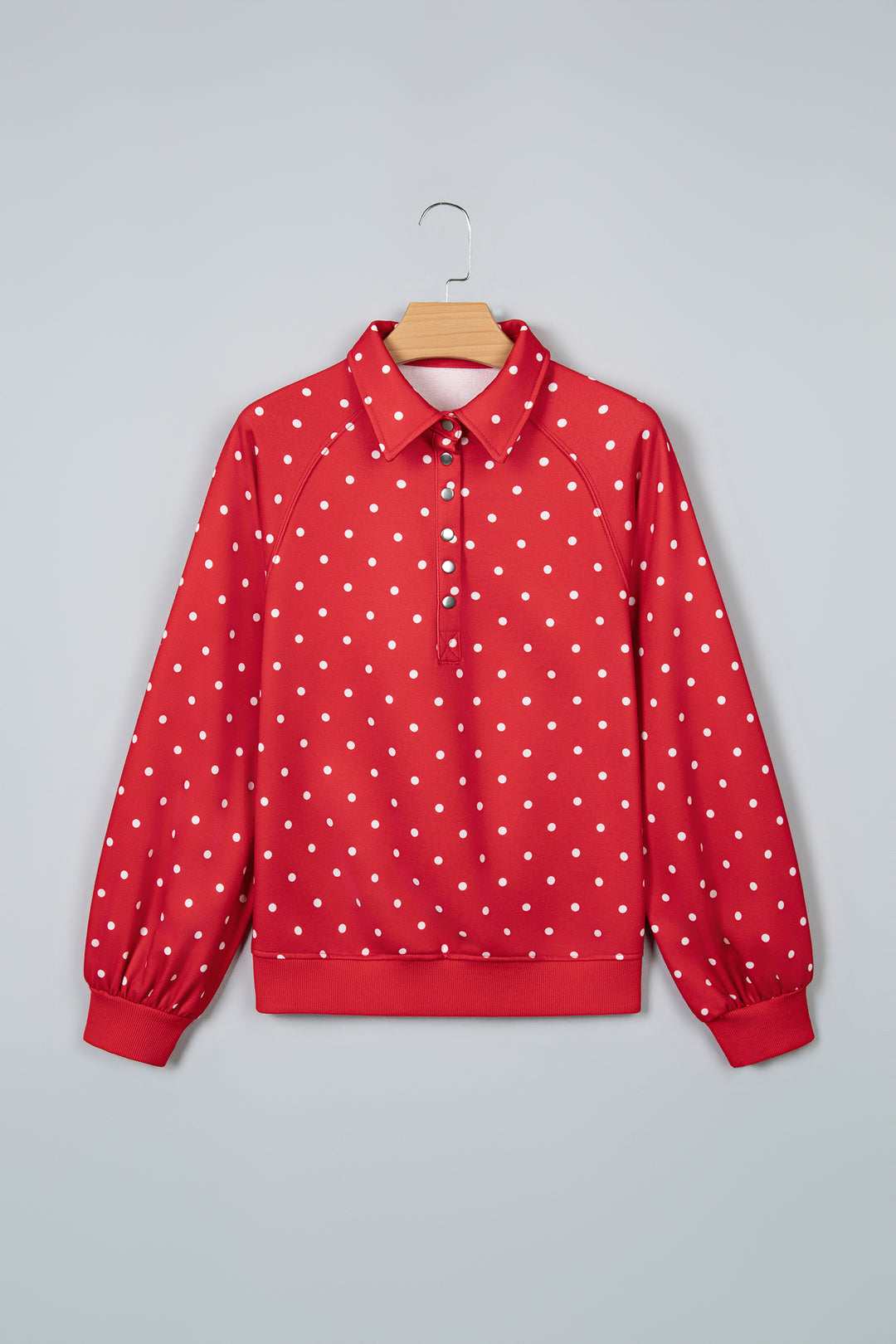 Red Polka Dot Print Metal Button Collar Casual Pullover Sweatshirt