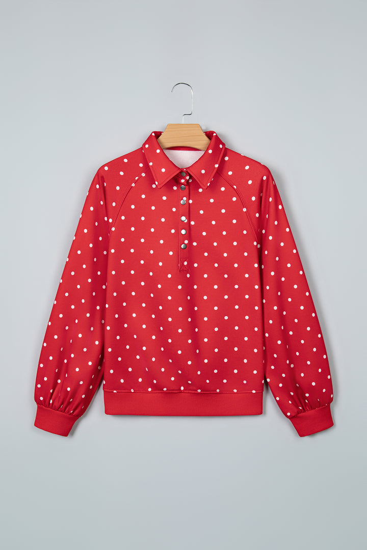 Red Polka Dot Print Metal Button Collar Casual Pullover Sweatshirt