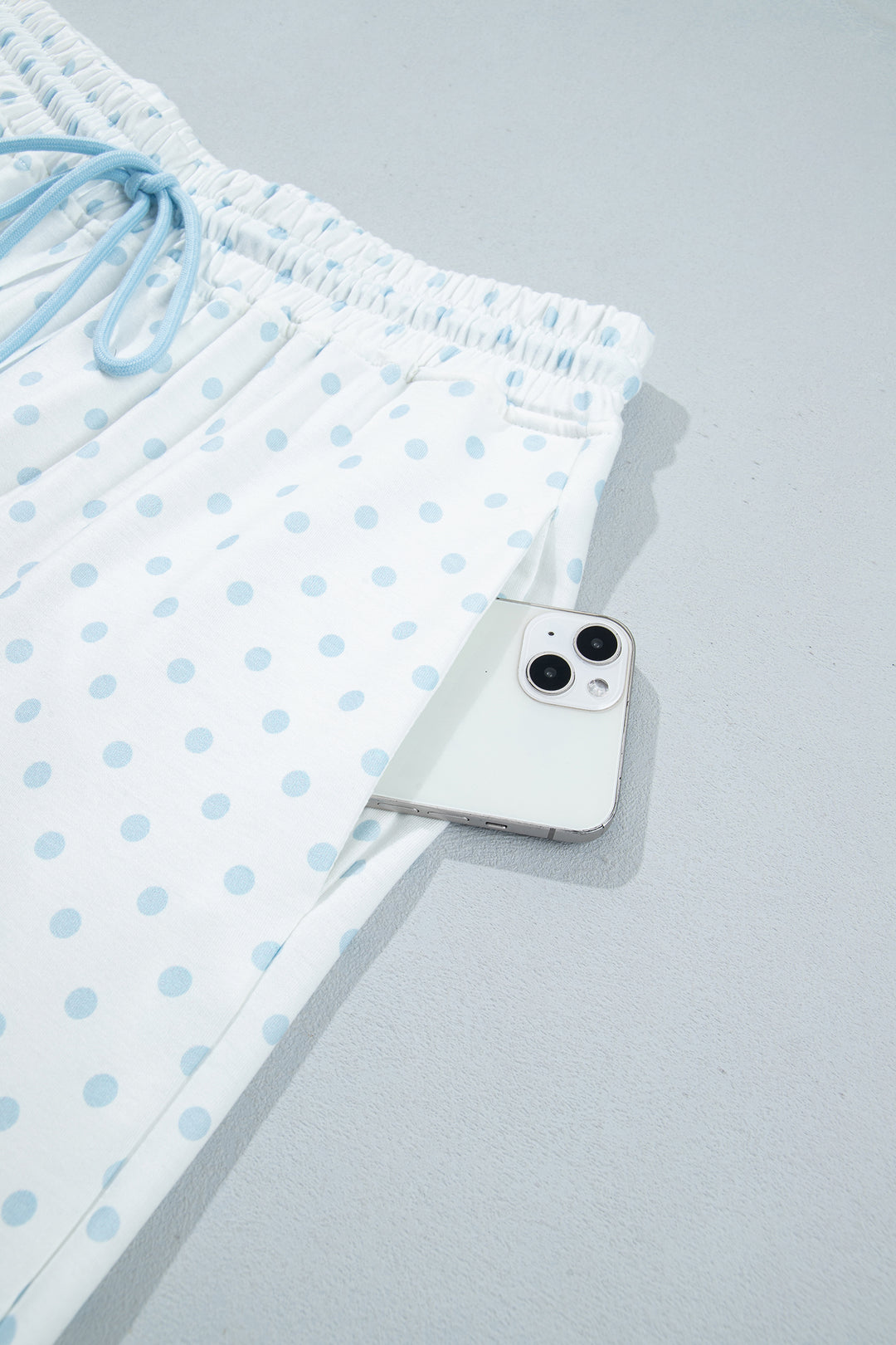 Light Blue Polka Dot Patchwork Colorblock Long Sleeve Casual Two Piece Pants Set