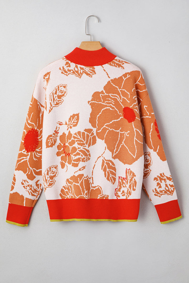 Floral Half Zip Collared Pullover Sweater