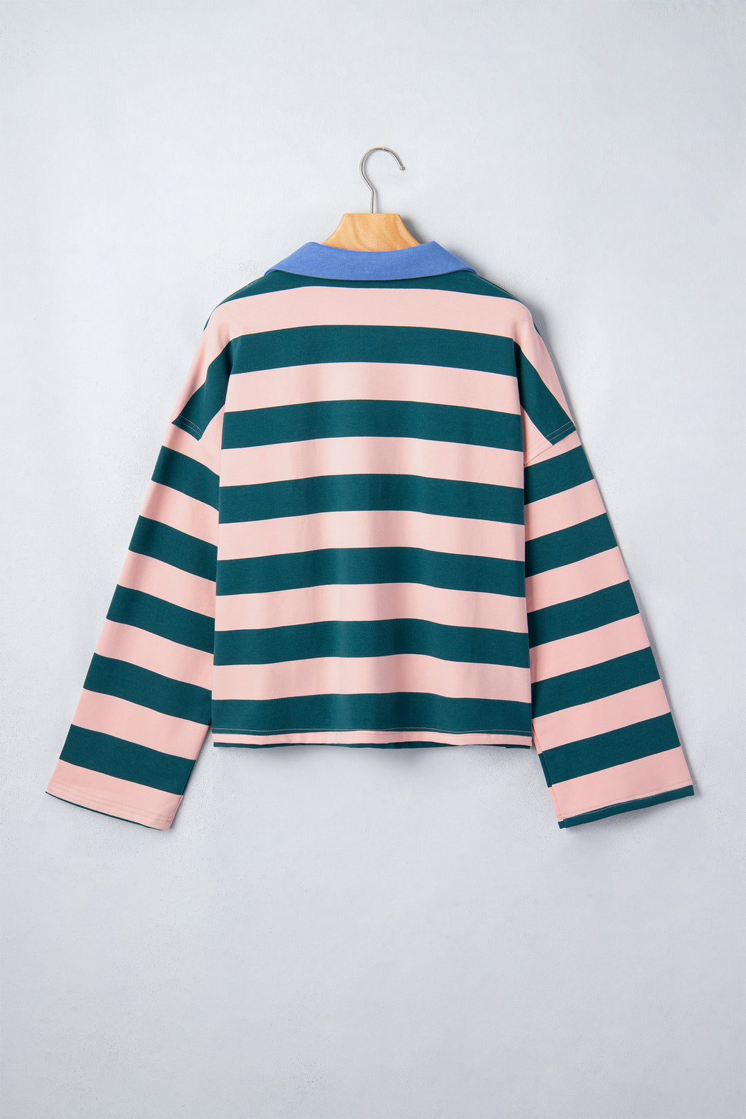 Green Stripe Quarter-Zip Metal Zipper Cover Stitch Hem Top