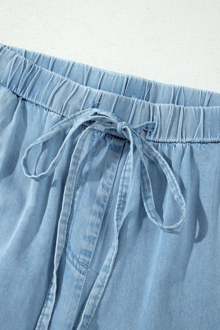 Casual Beau Blue Ruffled Hem Wide Leg Chambray Pants