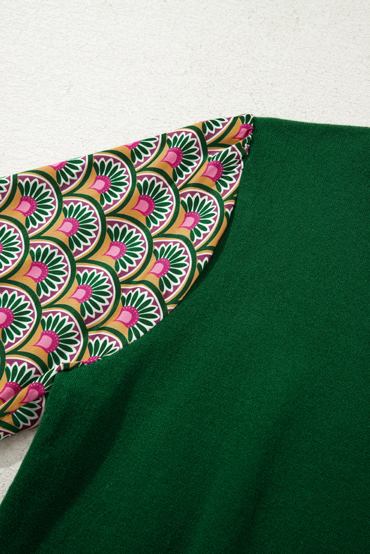 Floral Patchwork Shirred Cuff Puff Sleeve Sweater