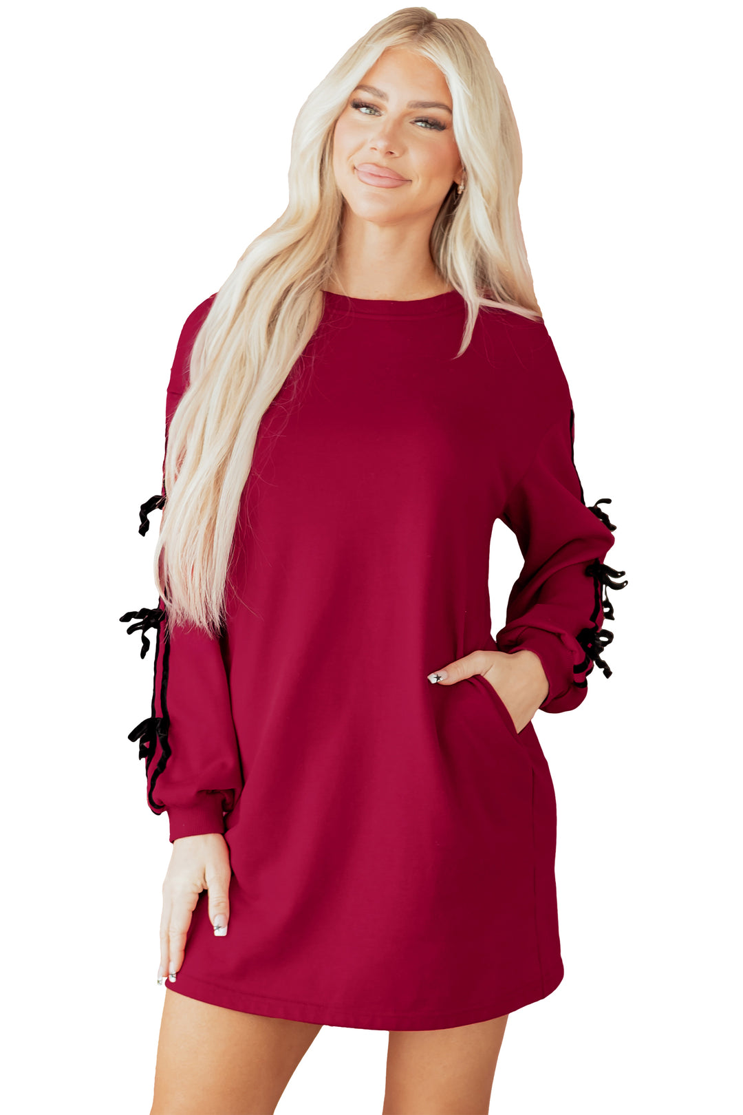 Contrast Striped Bow Detail Drop Shoulder Sweatshirt Dress with Pockets