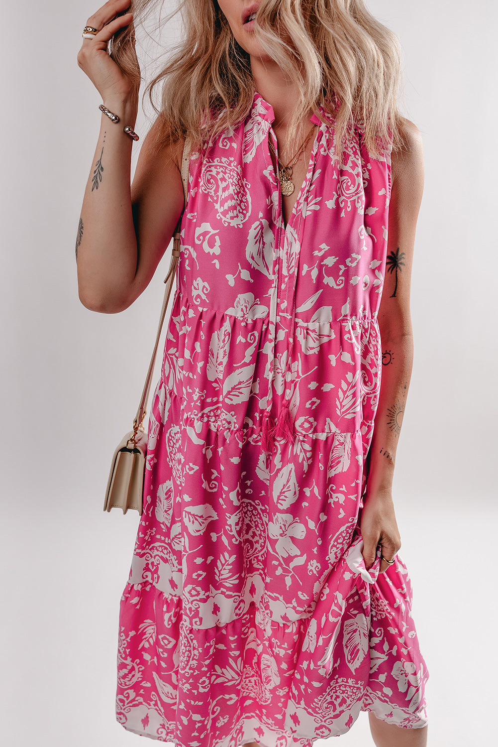 Floral Sleeveless Tasseled Lace-up Neck Tiered Midi Dress