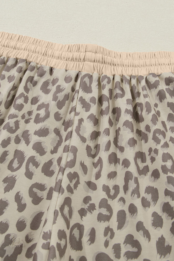 Khaki V Neck Collar Leopard Printed 2pcs Short Set