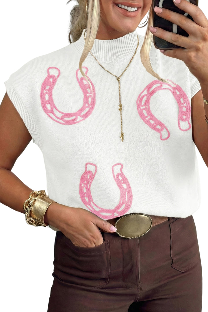 White Corded Horseshoes Ribbed Trim Mock Neck Short Sleeve Sweater