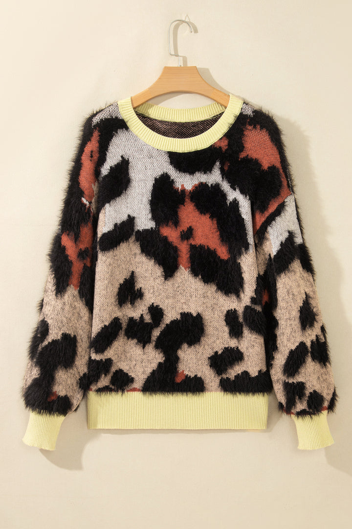 Khaki Leopard Print Long Sleeve Round Neck Sweater