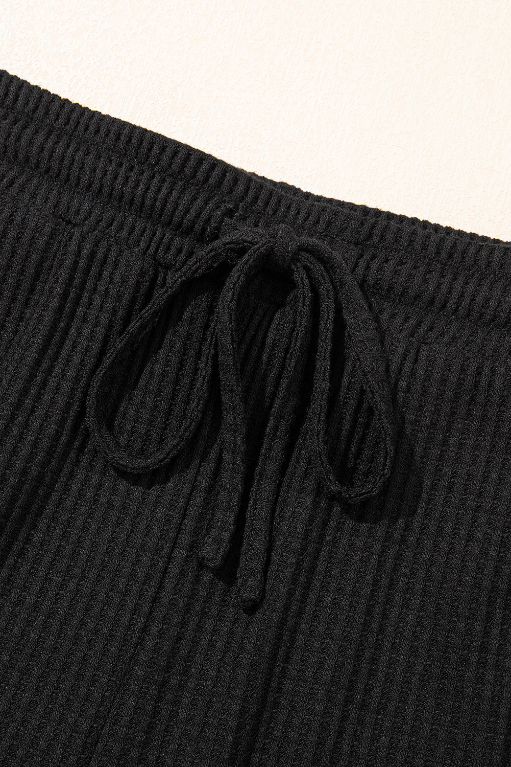Black Solid Color Waffled V Neck Loose Tee Drawstring Shorts Set