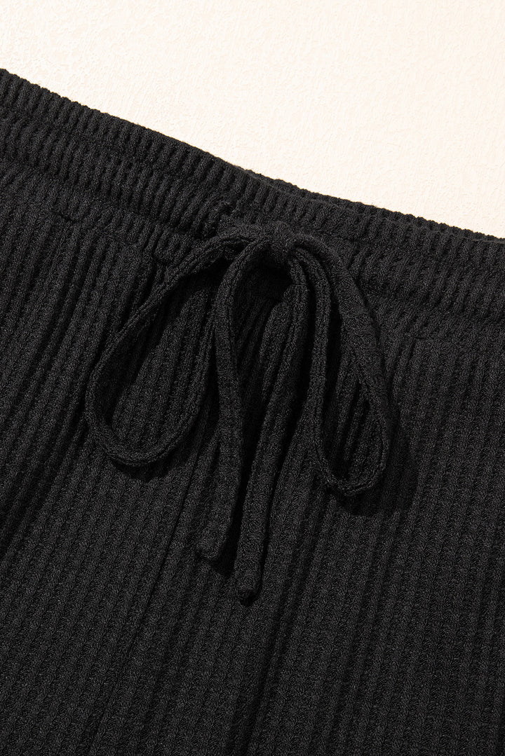 Black Solid Color Waffled V Neck Loose Tee Drawstring Shorts Set