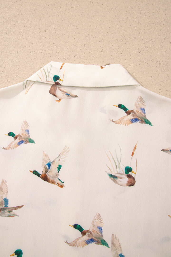 Beige Mallard Print Shirt Style Short Two Piece Set