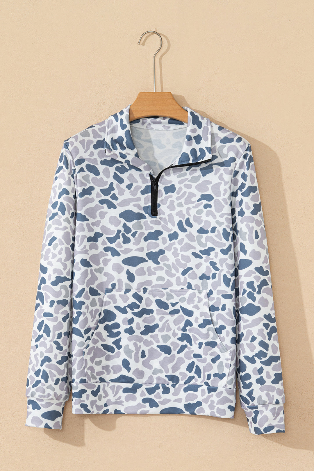 Multicolour Camouflage Print Kangaroo Pocket Zip Collar Pullover Sweatshirt