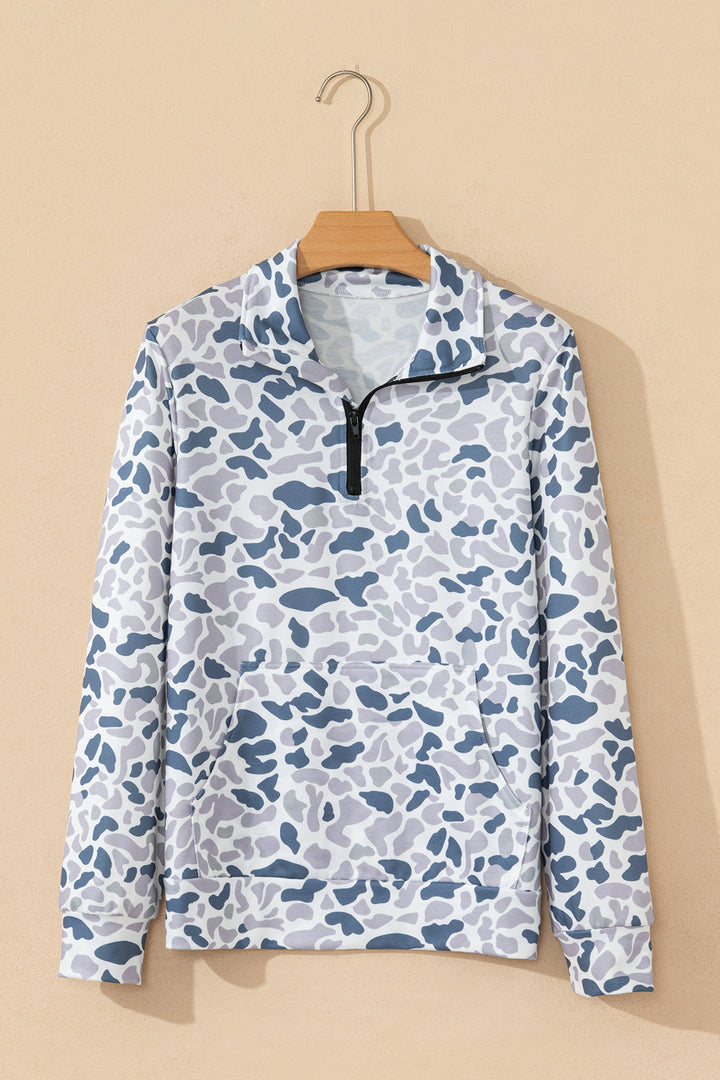 Multicolour Camouflage Print Kangaroo Pocket Zip Collar Pullover Sweatshirt