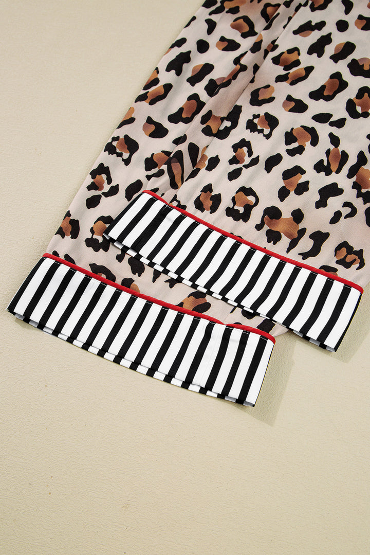 Dearlove Khaki Leopard Print Colorblock Striped Edge Shirt and Pants Pajama Set