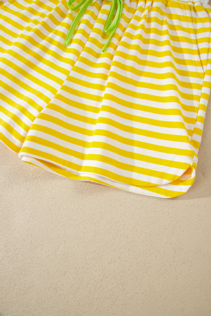 Yellow Stripe Contrast Neck Loose Tee and Drawstring Shorts Set
