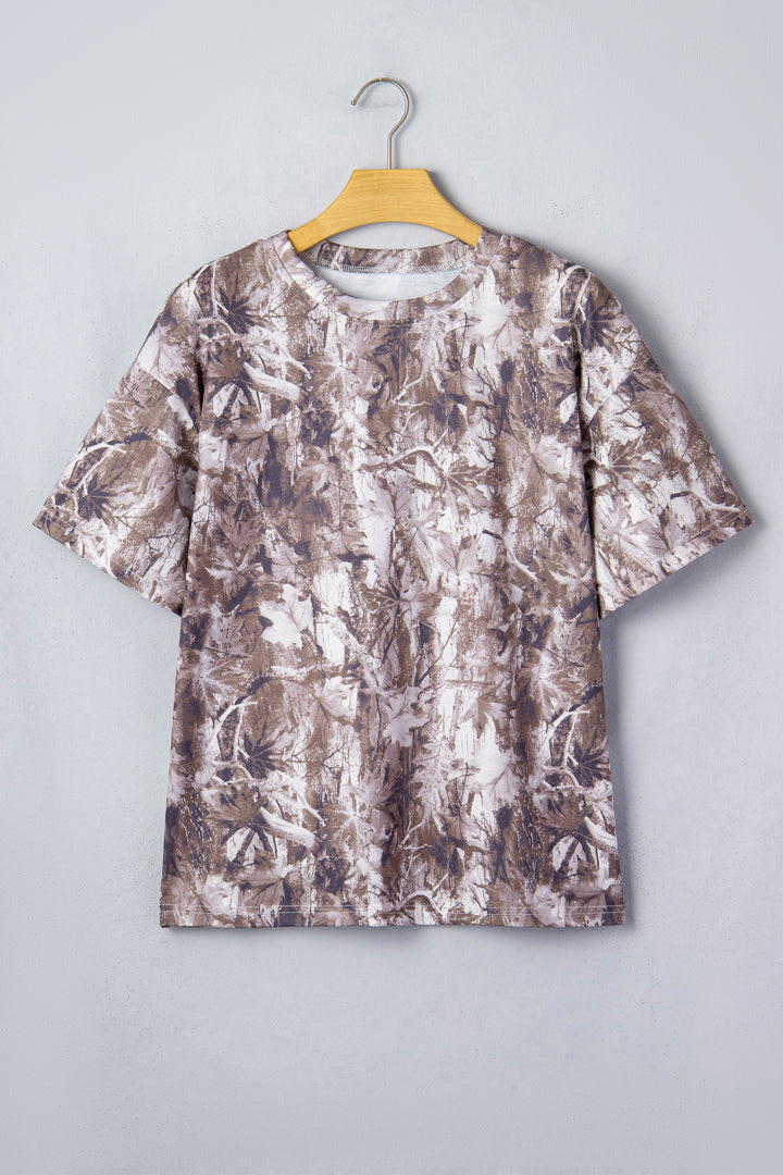 Casual Khaki Camouflage Woodland Print Drop Shoulder Tunic Tee