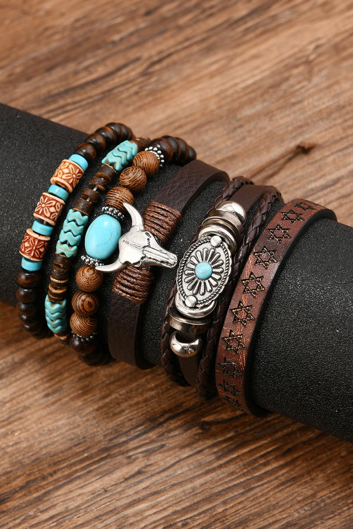6 Piece Western Bull Skull Turquoise Beading Bracelet