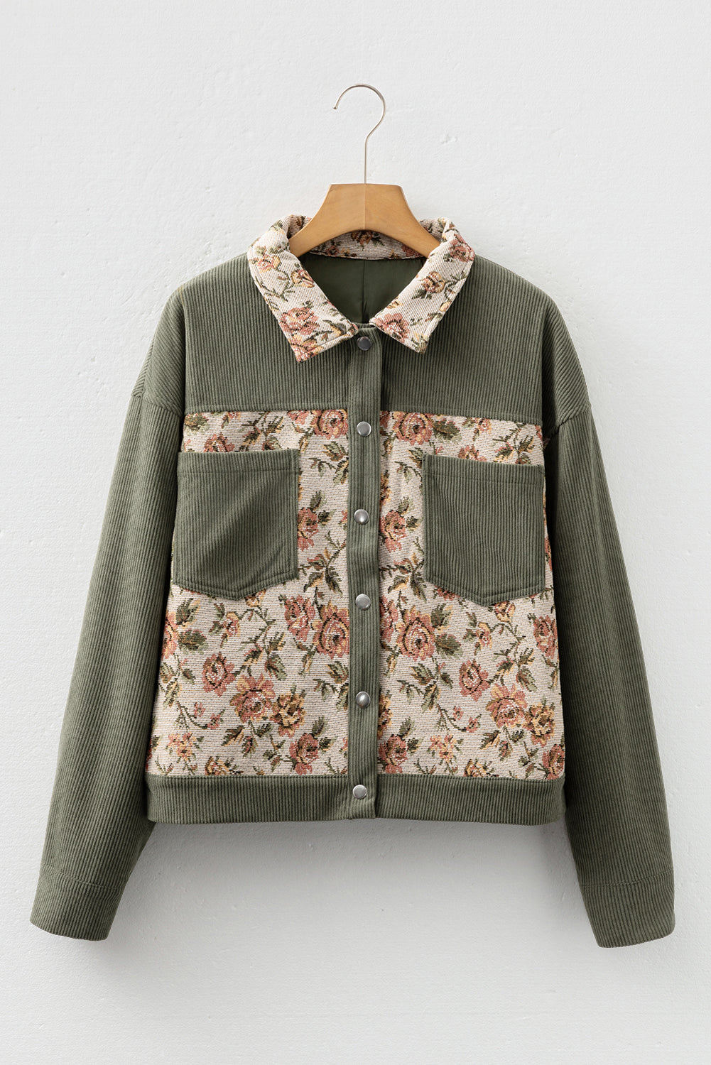 Green Ribbed Retro Floral Patchwork Shirt Style Jacket