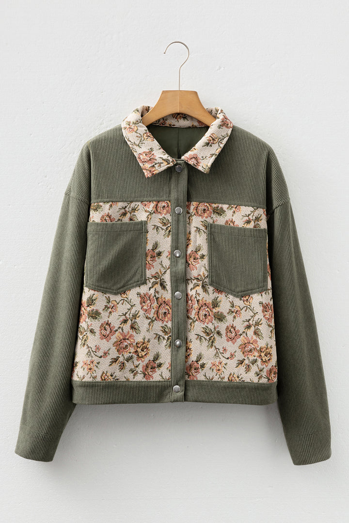 Green Ribbed Retro Floral Patchwork Shirt Style Jacket