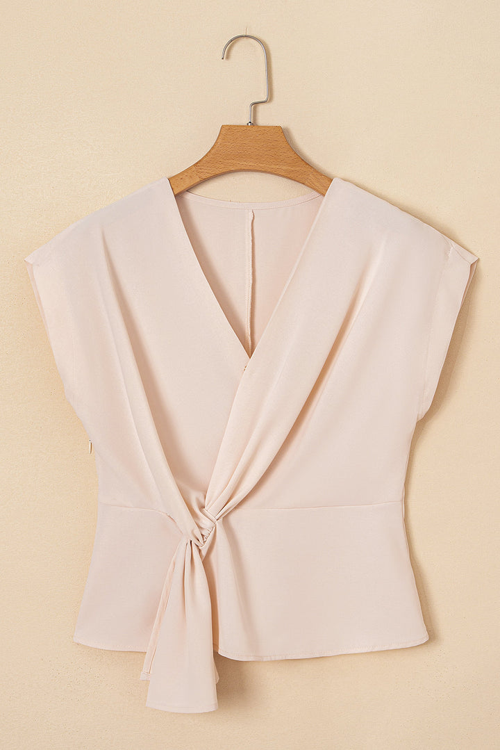 surplice v neck knotted ruched short sleeve peplum blouse