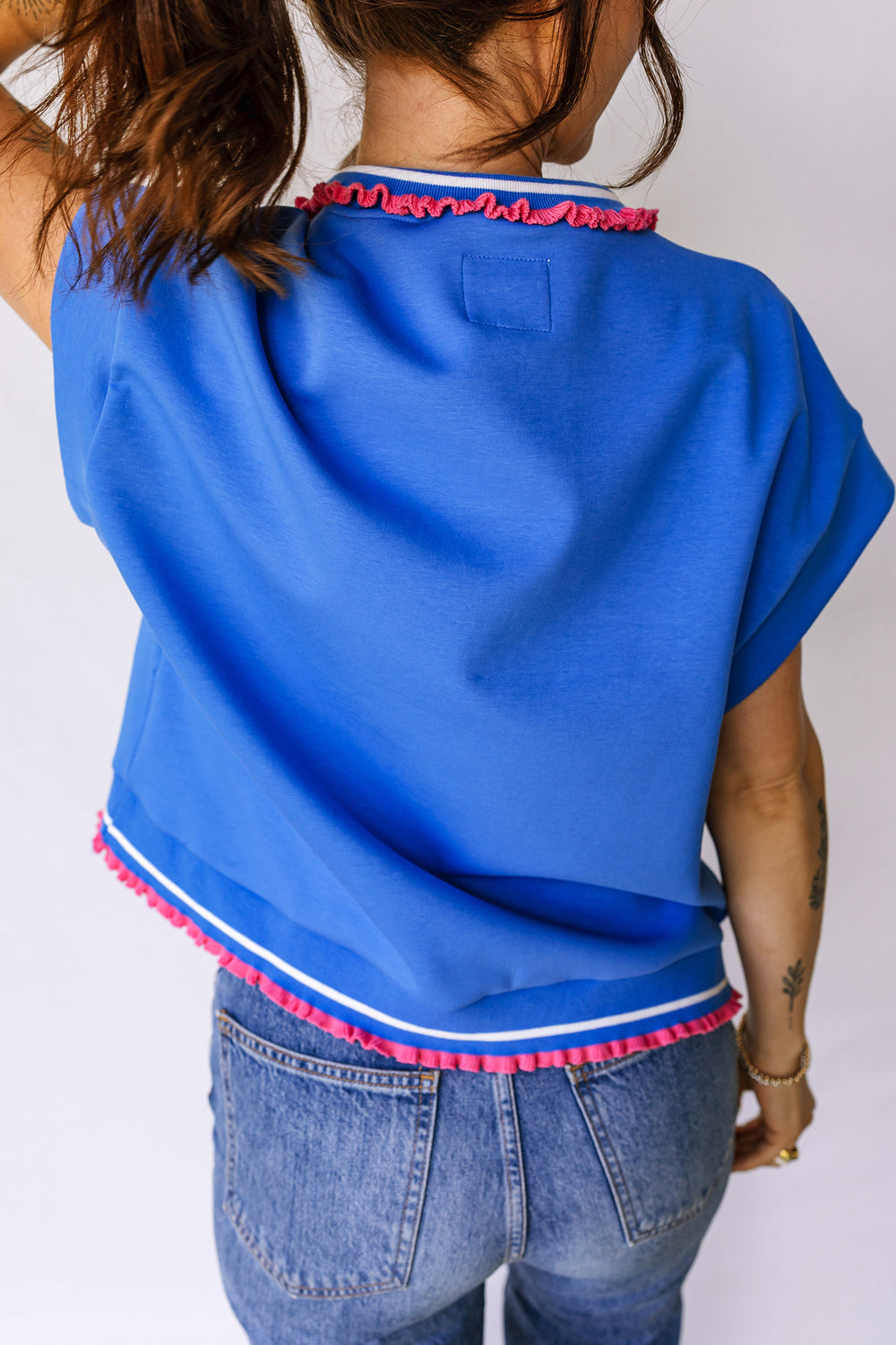 Contrast Frilled Trim Button Collared Short Sleeve Knit Top